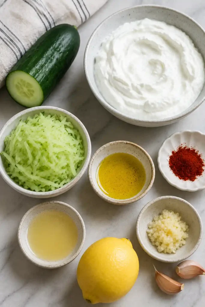 Fresh homemade Tzatziki garnished with paprika and olive oil, served alongside cucumber slices and warm pita bread.