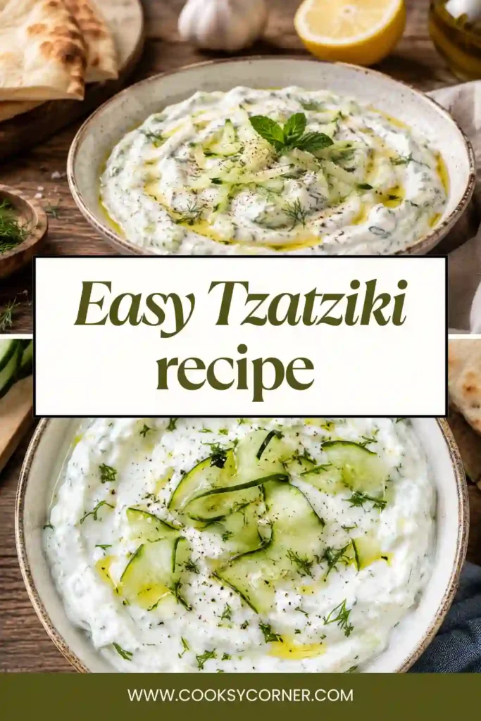 Authentic Greek Tzatziki served in a white bowl with olive oil drizzle and paprika, surrounded by fresh cucumber and lemon.