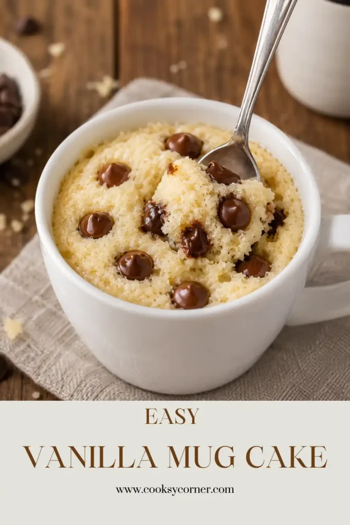 Close-up view of a freshly made Vanilla Mug Cake in a ceramic mug. The cake has a soft texture and is ideal for a quick single-serve dessert.