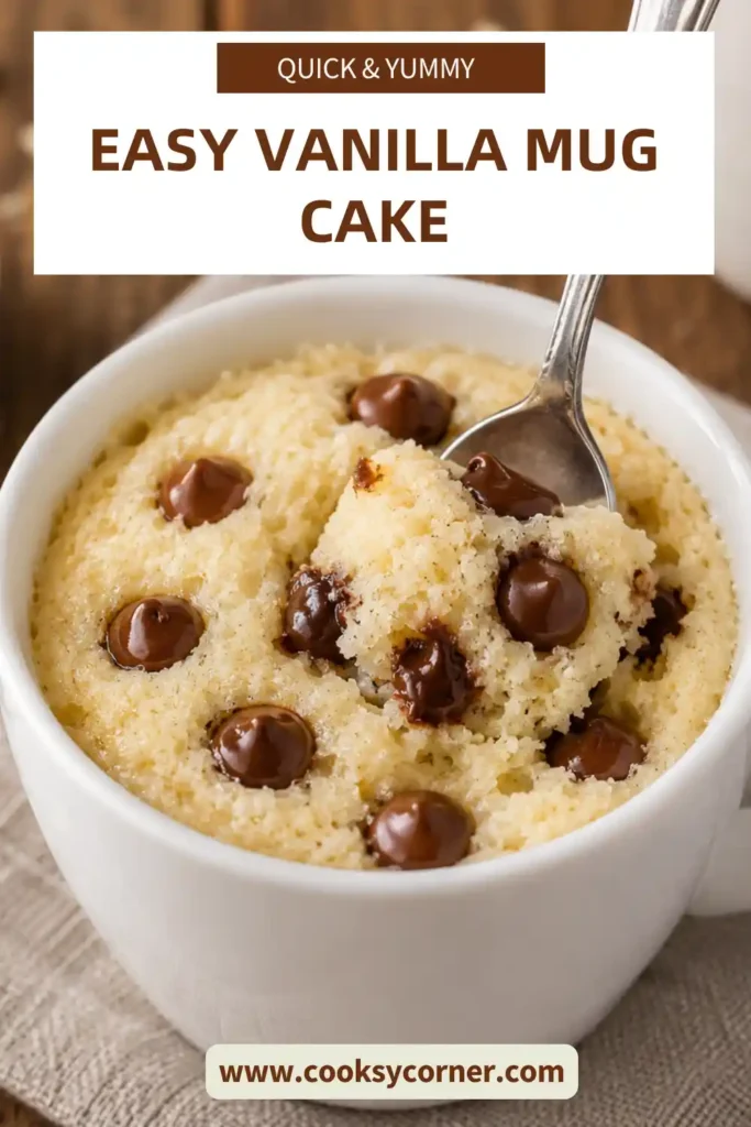 A single-serving vanilla protein mug cake topped with chocolate chips. The cake looks soft, moist, and perfect for a healthy dessert craving.