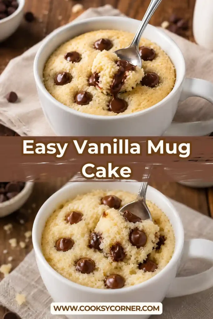 A fluffy Vanilla Mug Cake freshly cooked in a microwave-safe mug. This high protein dessert features a soft texture and rich vanilla flavor perfect for a quick treat.