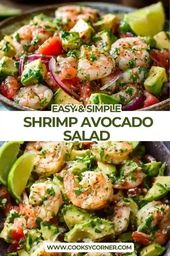 Healthy shrimp and avocado salad featuring chopped shrimp, ripe avocado, tomatoes, and fresh herbs. A simple and nutritious seafood salad for lunch or dinner.