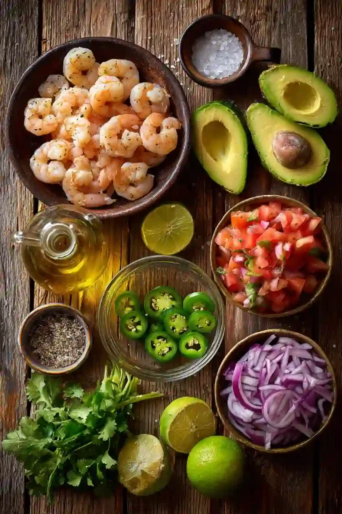 Fresh shrimp and avocado salad served in a bowl with tomatoes, jalapeños, and cilantro. A healthy low-carb recipe ideal for meal prep and summer meals.