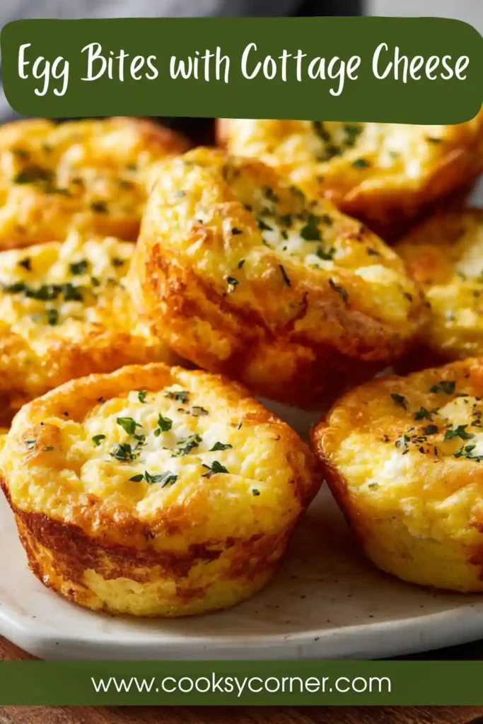 Close-up of homemade cottage cheese egg bites baked in a muffin pan and garnished with fresh chives. A simple high-protein breakfast recipe.