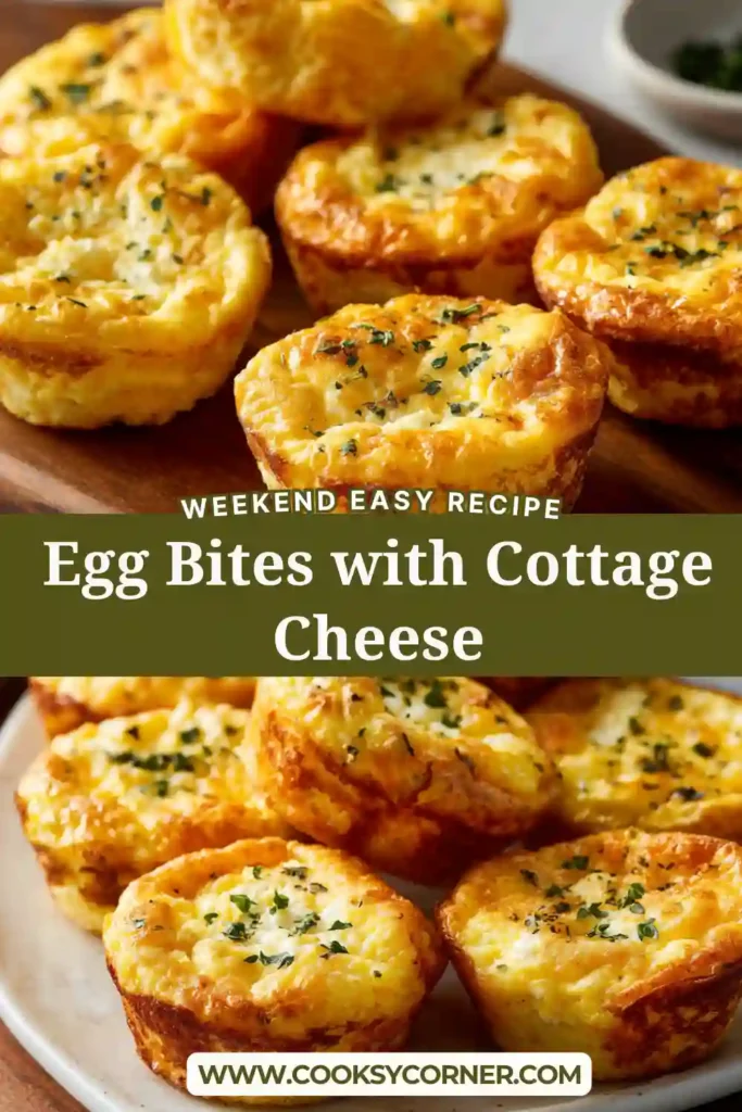 Freshly baked Egg Bites with Cottage Cheese arranged on a serving plate and topped with chopped chives. These fluffy breakfast bites are high in protein and perfect for meal prep.