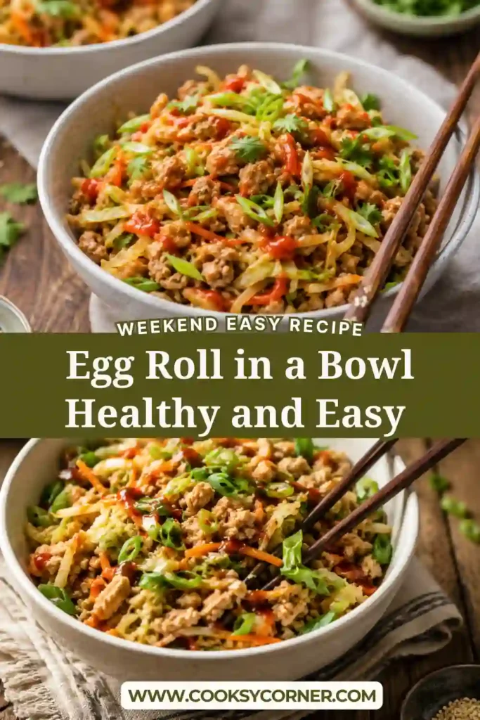 Healthy Egg Roll in a Bowl served with avocado slices and sesame seeds. A quick one-pan meal featuring ground chicken and crisp vegetables.