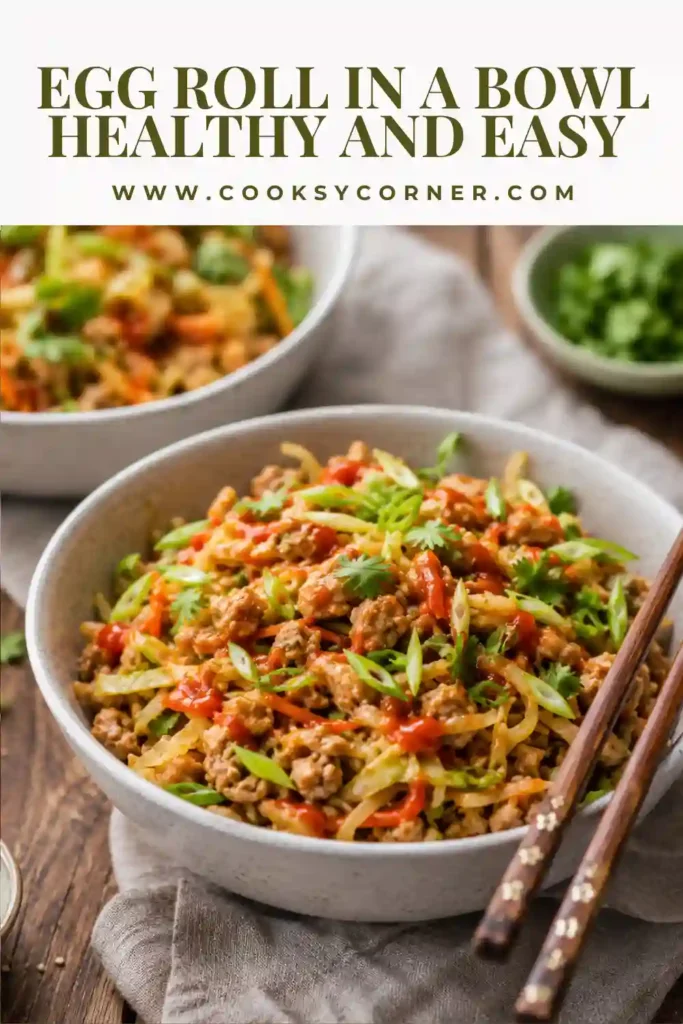 A bowl of Egg Roll in a Bowl made with ground turkey, broccoli slaw, and green onions. This healthy low-carb dinner is colorful, fresh, and packed with protein.