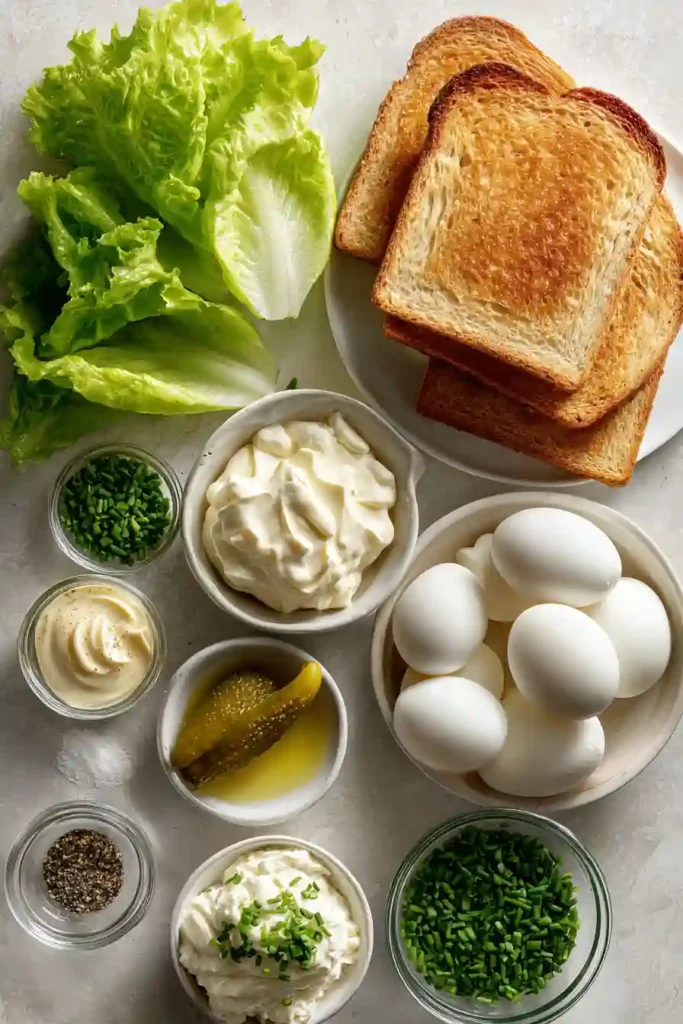 A creamy egg salad sandwich made with hard-boiled eggs, mayonnaise, and mustard. The sandwich is served on toasted bread with fresh lettuce.