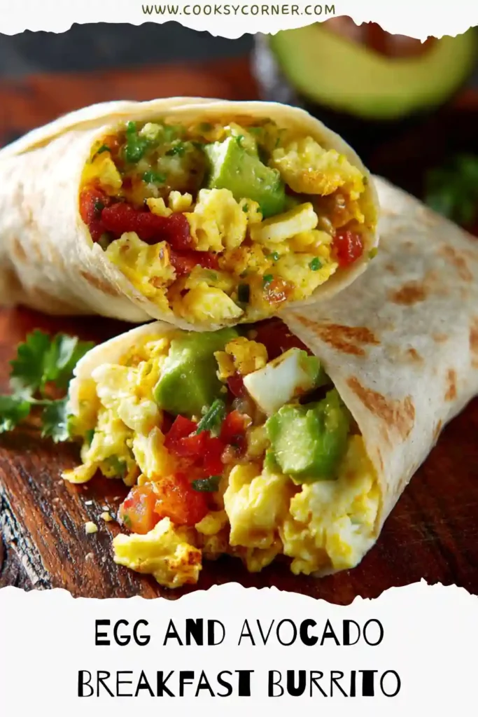 Close-up of a breakfast burrito filled with eggs, avocado, onions, and jalapeños. Fresh salsa is served on the side.