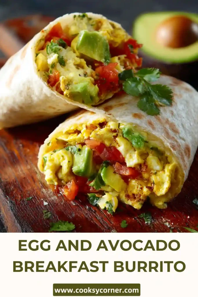 Egg and Avocado Breakfast Burritos arranged on a plate with sliced avocado and salsa. The tortillas are golden and neatly wrapped.