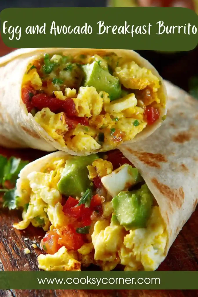 A freshly made Egg and Avocado Breakfast Burrito cut in half, revealing fluffy scrambled eggs, creamy avocado slices, and fresh salsa inside a warm tortilla.