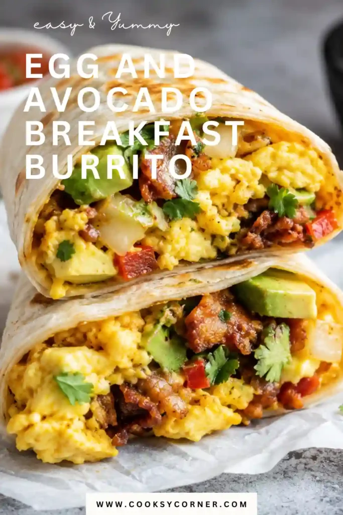 Fresh homemade breakfast burrito stuffed with scrambled eggs, avocado, onion, garlic, and jalapeño on a white serving plate.