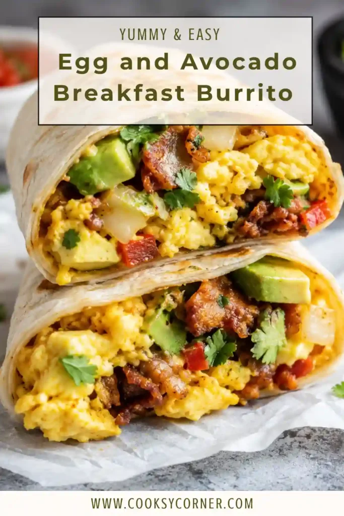 Healthy Egg and Avocado Breakfast Burrito sliced in half and served with fresh salsa for a quick high-protein breakfast.