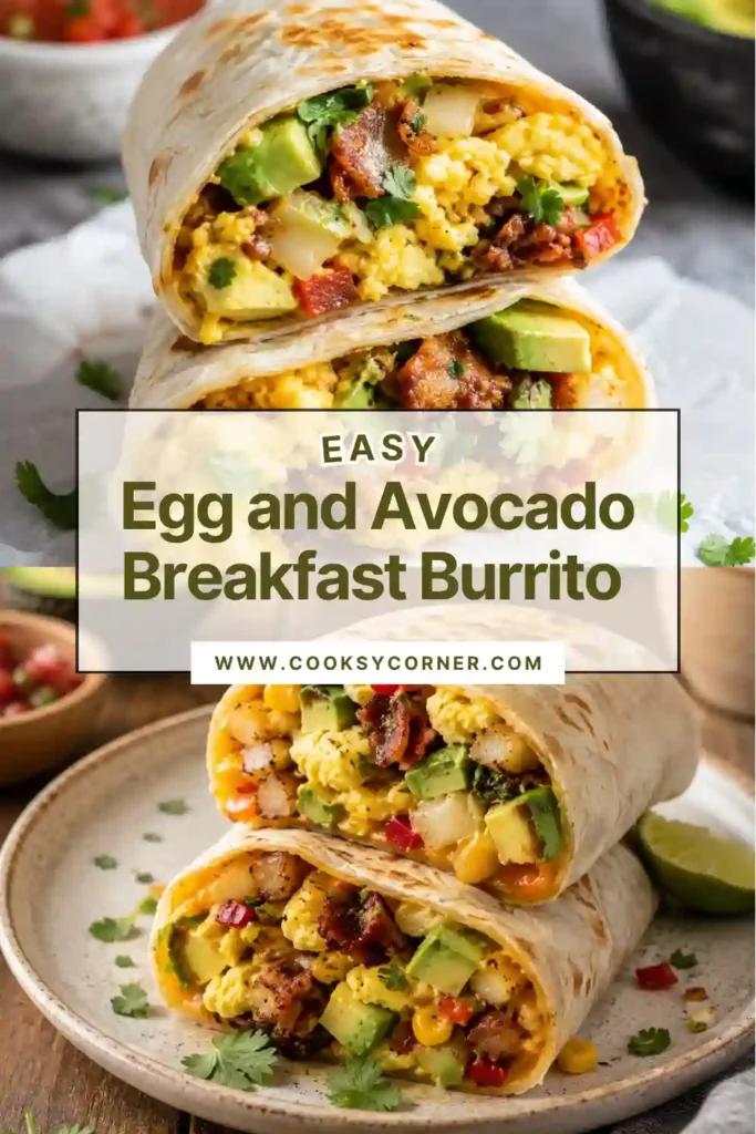 A warm Egg and Avocado Breakfast Burrito filled with fluffy scrambled eggs, creamy avocado slices, fresh salsa, and sautéed vegetables wrapped inside a soft flour tortilla.