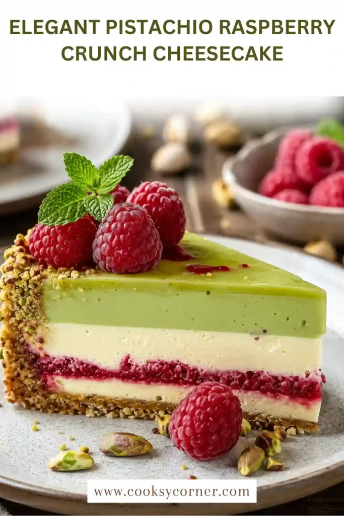 Pistachio raspberry cheesecake with marbled raspberry filling and crunchy pistachio topping. A sophisticated homemade dessert recipe.
