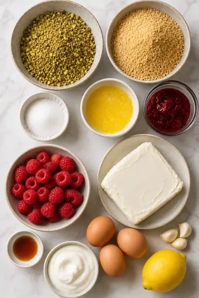 Homemade pistachio raspberry cheesecake served chilled with fresh berries and chopped pistachios. A rich and elegant dessert for special occasions.
