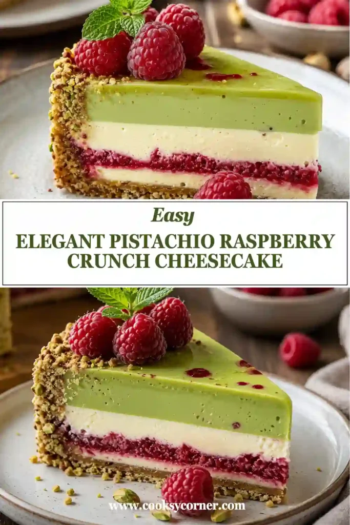 Creamy raspberry swirl cheesecake featuring a pistachio graham cracker crust and fresh raspberry garnish. Perfect for celebrations and elegant dessert tables.