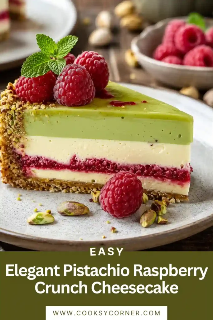 Elegant Pistachio Raspberry Crunch Cheesecake topped with fresh raspberries and chopped pistachios. A creamy raspberry swirl cheesecake with a crunchy nut crust.