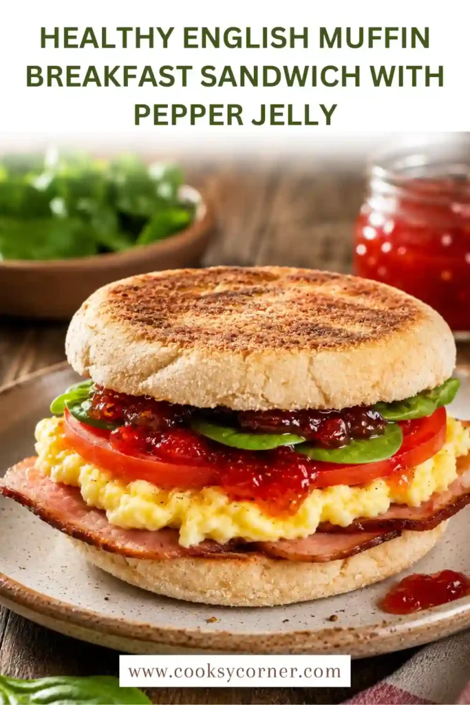 A toasted English muffin breakfast sandwich filled with scrambled eggs, turkey ham, spinach, tomatoes, and pepper jelly. This healthy breakfast sandwich looks fresh, colorful, and satisfying.