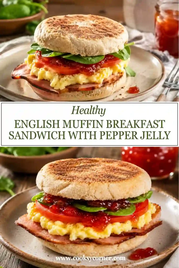 A homemade egg breakfast sandwich served on a whole wheat English muffin with pepper jelly and fresh spinach. This quick breakfast recipe is perfect for busy mornings.