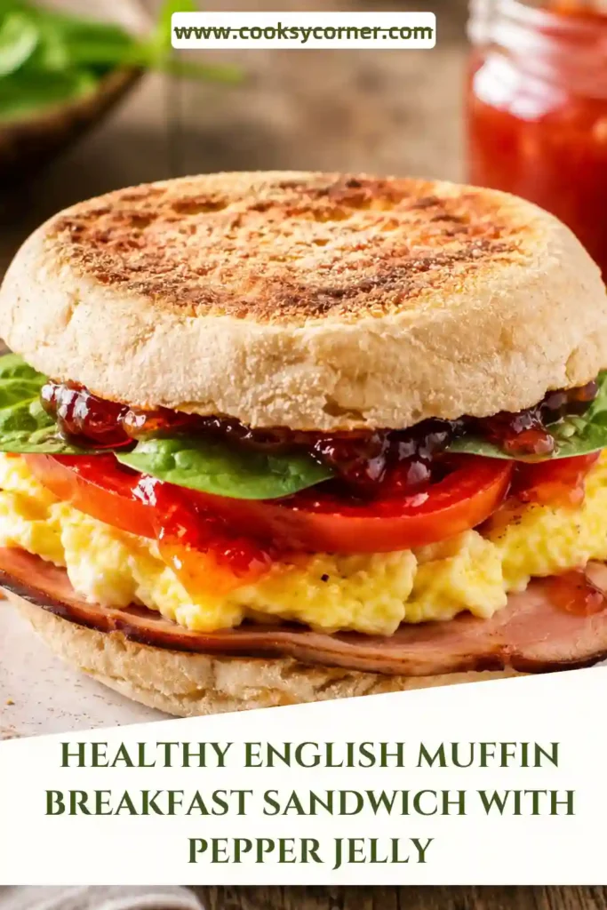 A healthy breakfast sandwich featuring scrambled eggs, pepper jelly, tomatoes, and turkey ham on toasted whole wheat English muffins. Ideal for a high-protein breakfast.