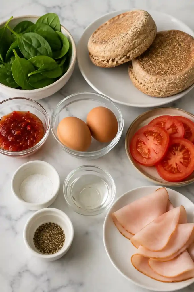 A protein-packed English muffin breakfast sandwich stacked with eggs, spinach, tomatoes, turkey ham, and pepper jelly. A simple and flavorful morning meal.
