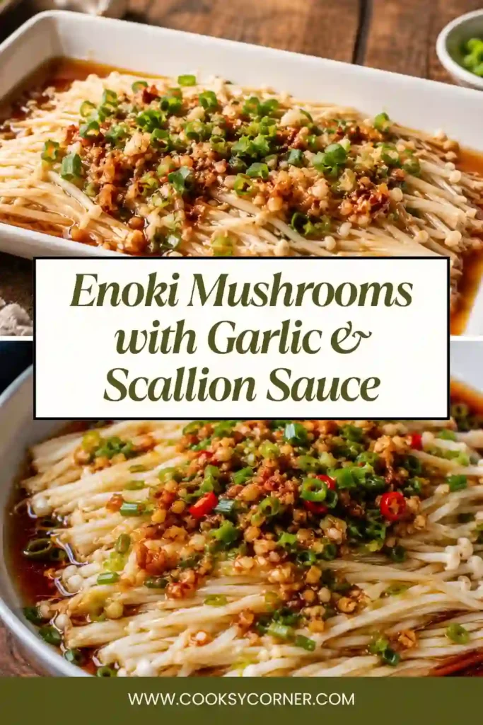 Tender enoki mushrooms topped with garlic and scallion soy sauce served on a white plate.