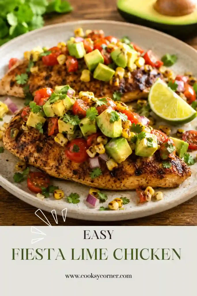 A grilled Fiesta Lime Chicken Recipe topped with fresh avocado salsa, cherry tomatoes, corn, and cilantro. The colorful chicken dish is served with lime wedges for a bright and flavorful presentation.