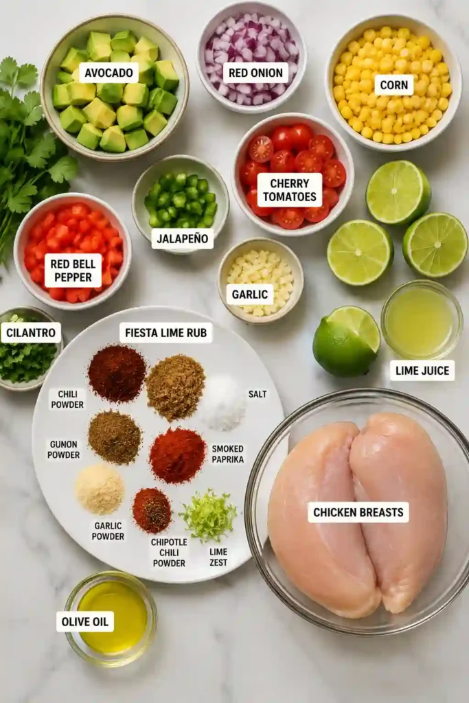 Freshly cooked Fiesta Lime Chicken topped with chunky avocado salsa and colorful vegetables. The plated meal showcases bright ingredients and a restaurant-style presentation.