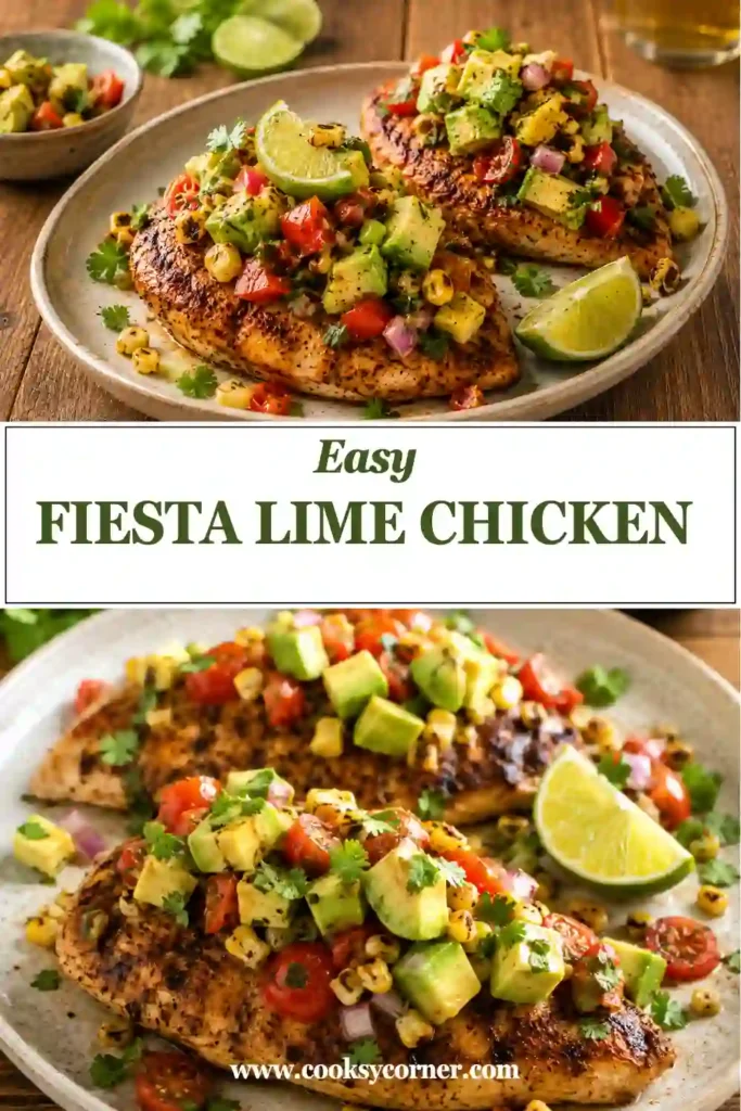 Close-up view of Fiesta Lime Chicken with avocado salsa featuring tomatoes, corn, red onion, and cilantro. The chicken is perfectly cooked and finished with a zesty lime garnish.