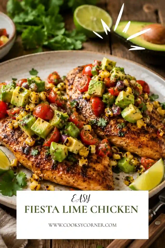Fiesta Lime Chicken Recipe served on a dinner plate with avocado salsa and fresh lime wedges. The dish highlights vibrant ingredients and bold Mexican-inspired flavors.