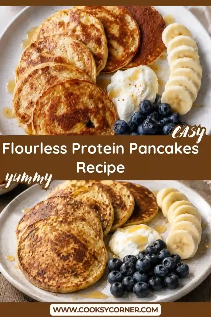 A stack of banana protein pancakes served with fresh berries and yogurt. These healthy flourless pancakes make a perfect high-protein breakfast.