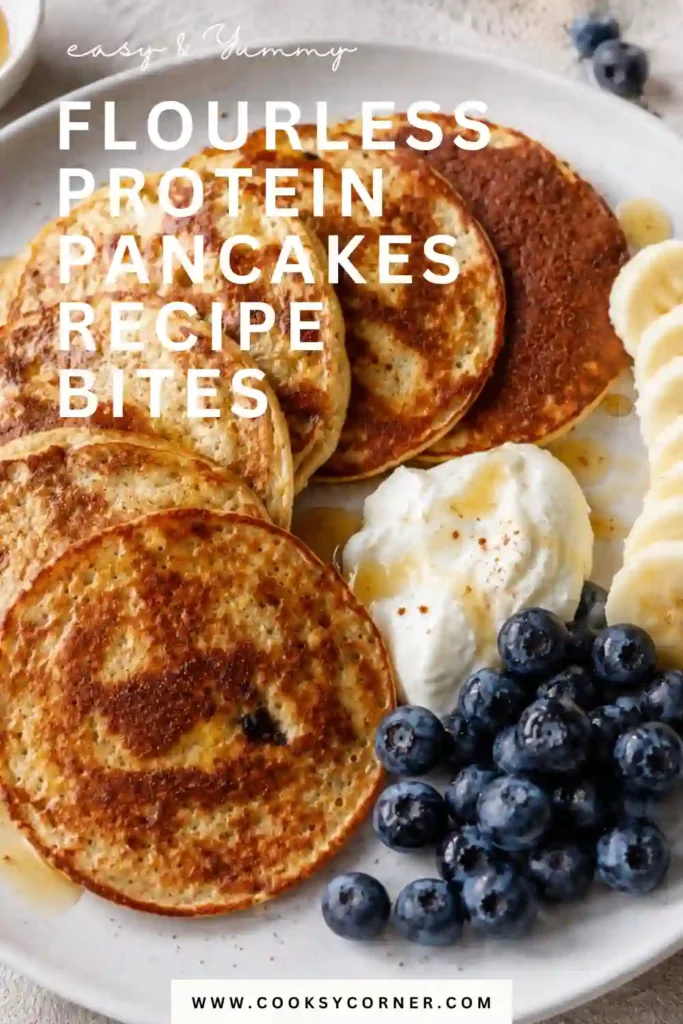 Freshly cooked flourless protein pancakes stacked on a plate and topped with sliced bananas. This high-protein breakfast recipe is simple, healthy, and naturally sweet.