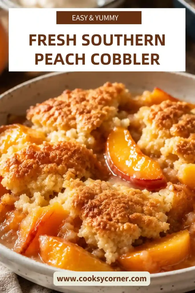 Fresh Southern Peach Cobbler baked until golden brown with juicy cinnamon-spiced peaches bubbling underneath a buttery biscuit topping. This classic homemade Southern dessert is served warm in a baking dish.