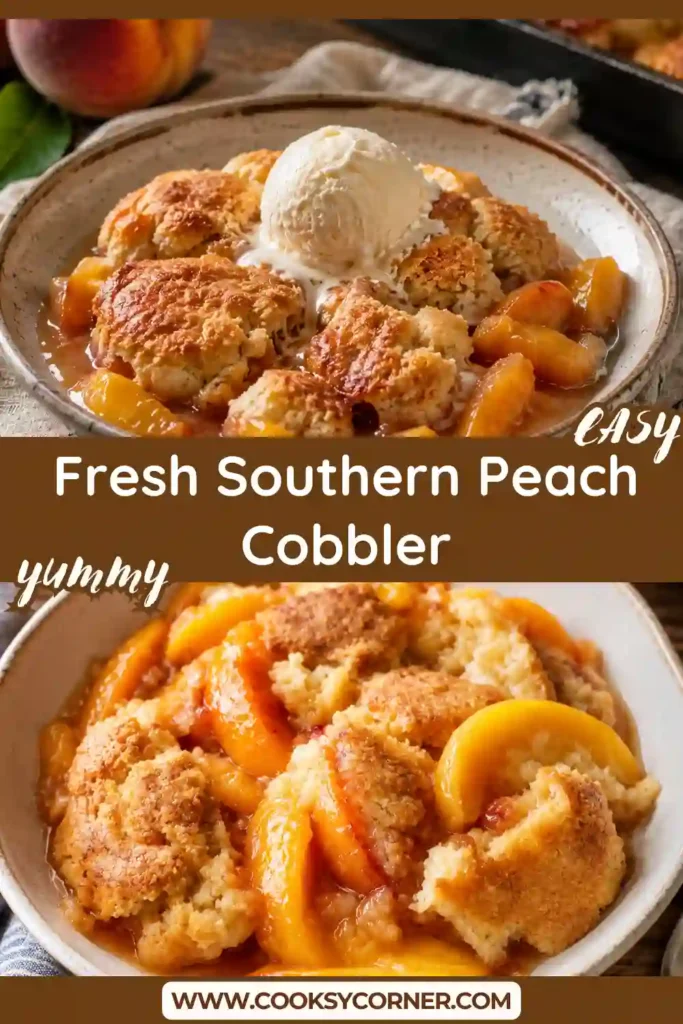 Close-up of a serving of Fresh Southern Peach Cobbler topped with vanilla ice cream. Sweet peaches and buttery topping create the perfect summer dessert.