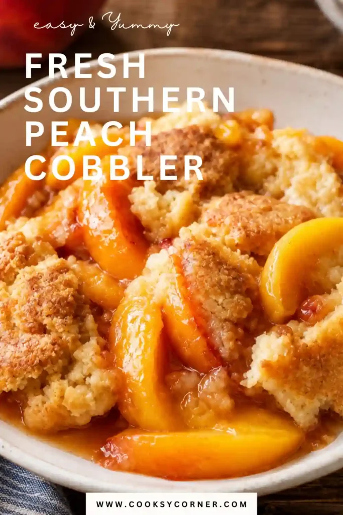 Classic Southern peach cobbler baked with fresh peaches and cinnamon beneath a rustic buttery crust. The dessert is ready to serve straight from the oven.