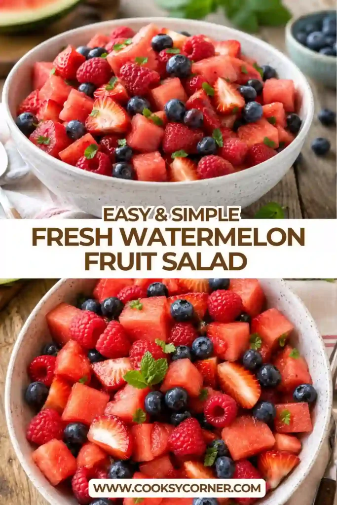 Fresh watermelon fruit salad served in a large bowl with strawberries, blueberries, raspberries, and cherries. Garnished with mint leaves for a refreshing summer presentation.