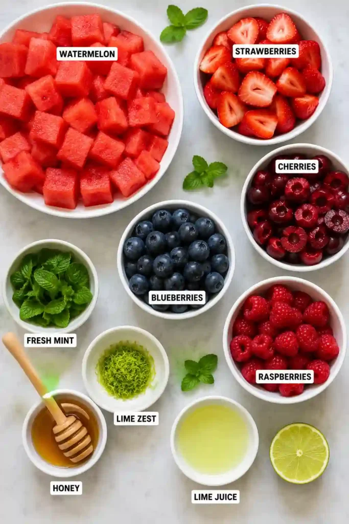 Close-up of a fresh watermelon fruit salad topped with mint leaves and mixed berries. The colorful fruit is coated in a light lime dressing for extra freshness.
