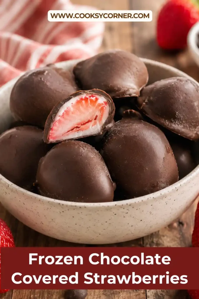 Homemade frozen chocolate strawberries featuring fresh berries and smooth chocolate coating.