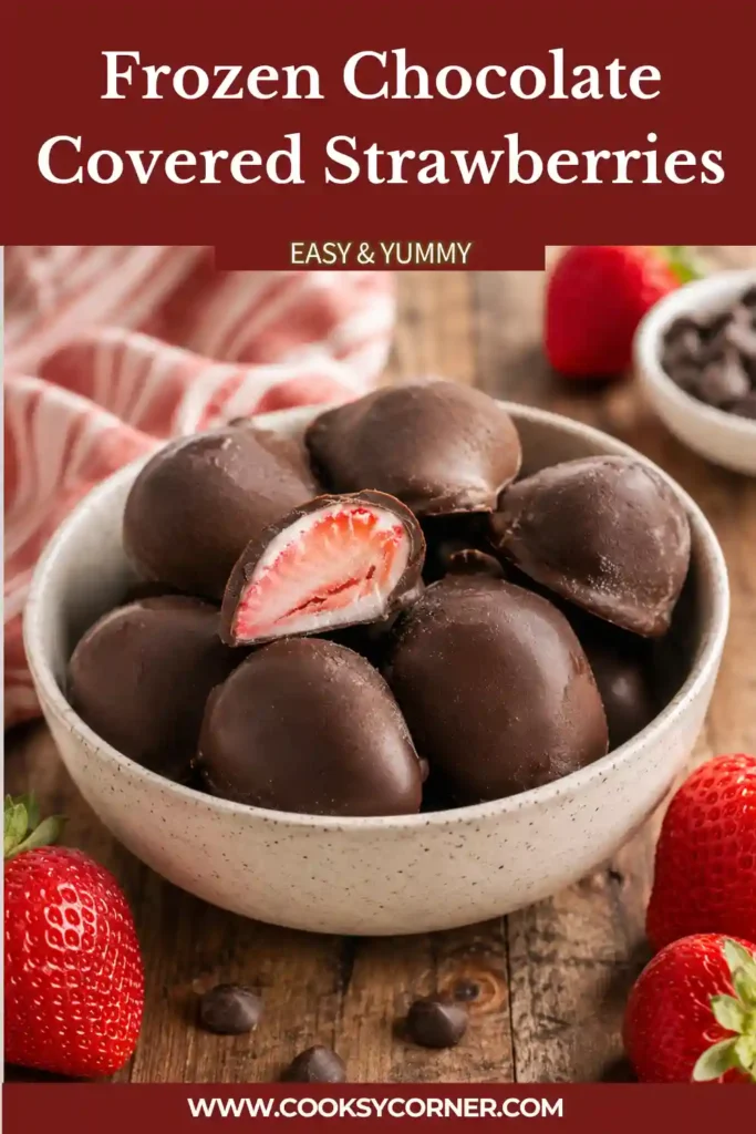 Frozen Chocolate Covered Strawberries coated in white and dark chocolate arranged on a serving tray.