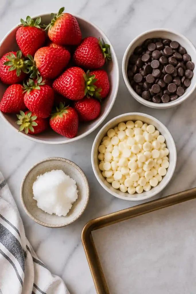 Chocolate-covered strawberry freezer bites arranged in a bowl for an easy frozen treat.