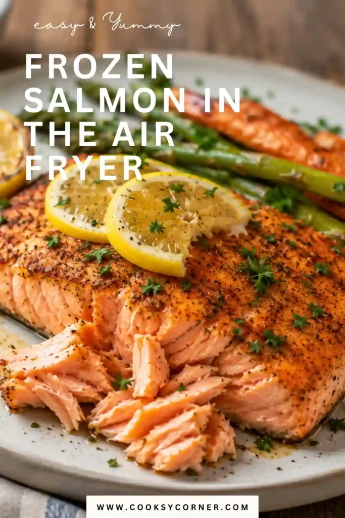 Crispy-edged frozen salmon fillets prepared in the air fryer and garnished with parsley. A quick, protein-rich meal for lunch or dinner.