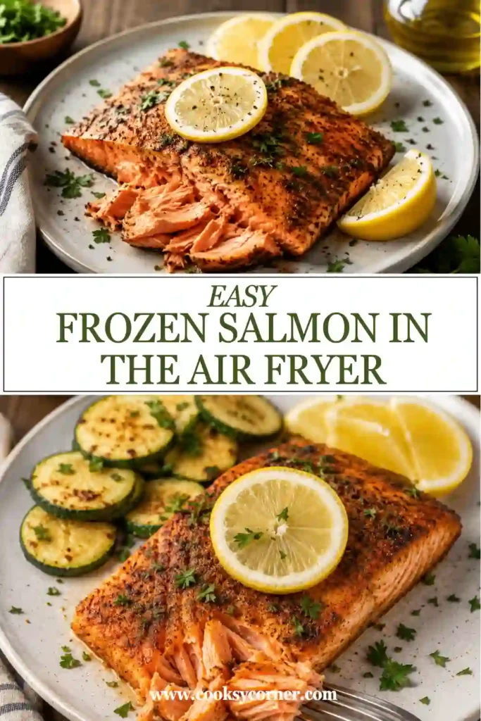 Close-up of Frozen Salmon in the Air Fryer topped with fresh herbs and lemon slices. The salmon has a golden finish and moist interior.