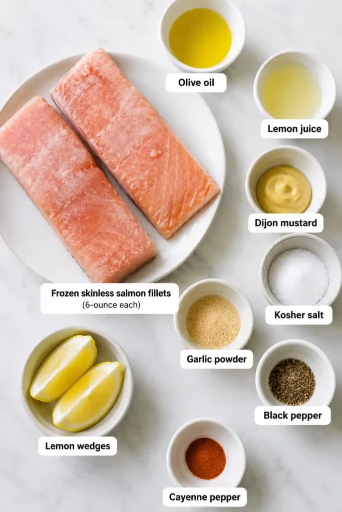 Perfectly cooked Frozen Salmon in the Air Fryer served with fresh lemon wedges. The salmon is flaky, tender, and seasoned with garlic, Dijon mustard, and black pepper.