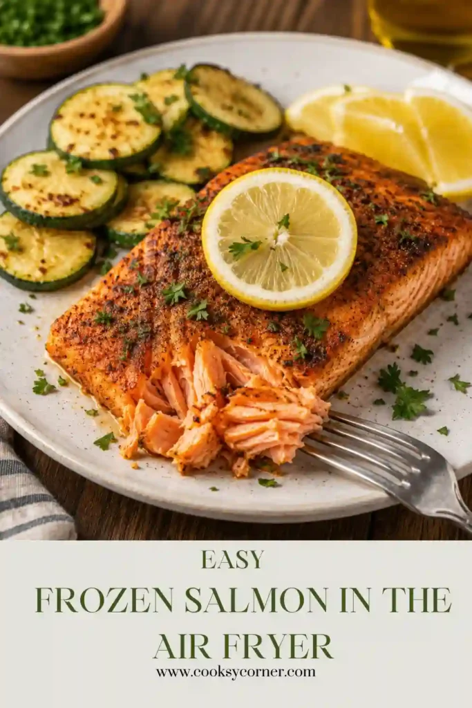 Air fryer frozen salmon fillets cooked until perfectly flaky and served with roasted vegetables. A healthy seafood dinner ready in under 20 minutes.