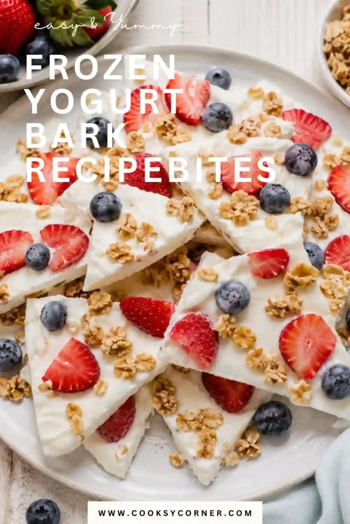 Healthy Frozen Yogurt Bark recipe made with vanilla yogurt, strawberries, blueberries, and granola. Perfect for summer desserts and meal-prep snacks.