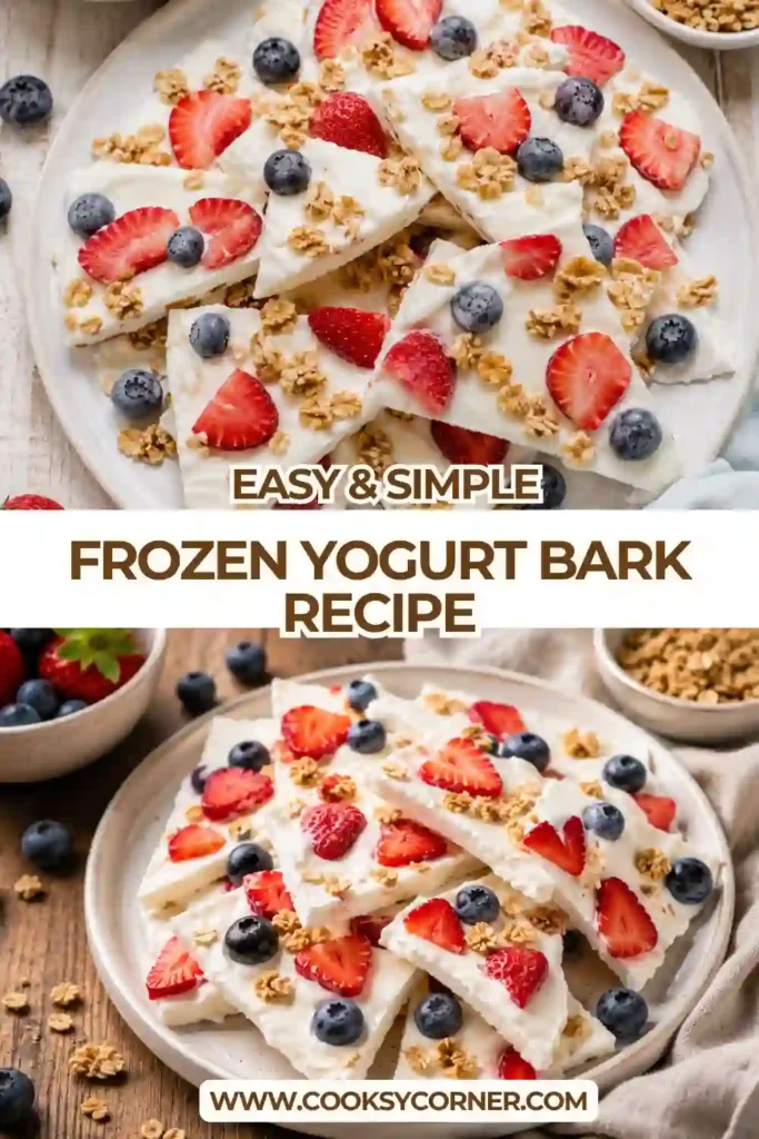 Homemade Frozen Yogurt Bark cut into snack-sized pieces with fresh berries and crunchy granola. A healthy freezer-friendly treat for kids and adults.