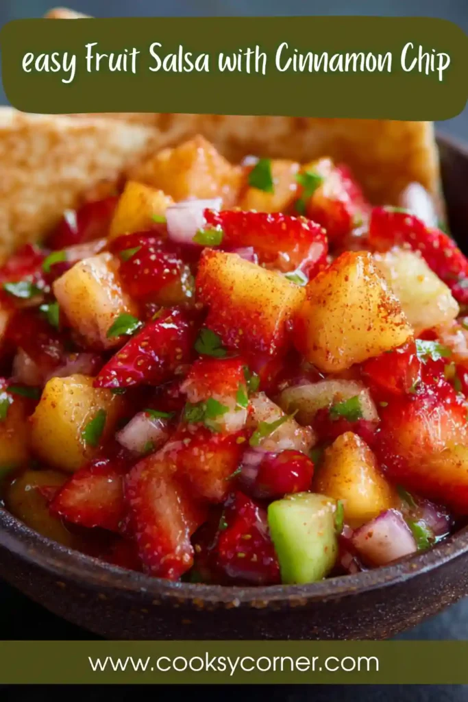 A bowl of fresh fruit salsa made with strawberries, peaches, mango, kiwi, and nectarines served with crispy cinnamon sugar tortilla chips. This colorful summer dessert is bright, refreshing, and perfect for parties.