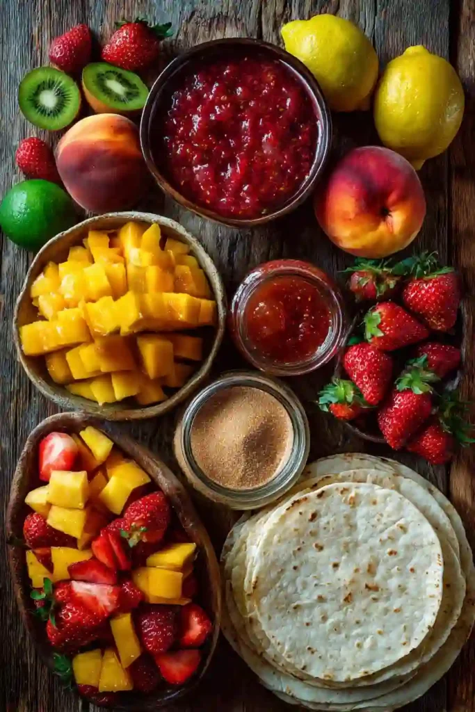 Colorful Fruit Salsa with Cinnamon Chips displayed in a serving bowl surrounded by crispy baked cinnamon sugar tortilla triangles. A refreshing dessert for summer entertaining.