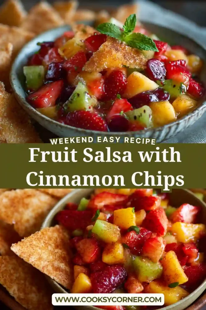 Homemade Fruit Salsa with Cinnamon Chips featuring diced seasonal fruit and golden baked tortilla chips coated in cinnamon sugar. A simple and delicious dessert for gatherings and family celebrations.